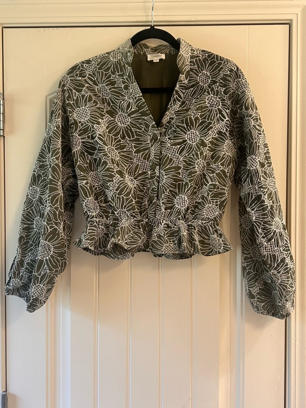 Lovelo Olive Green Floral Embroidered Peplum Crop Top S